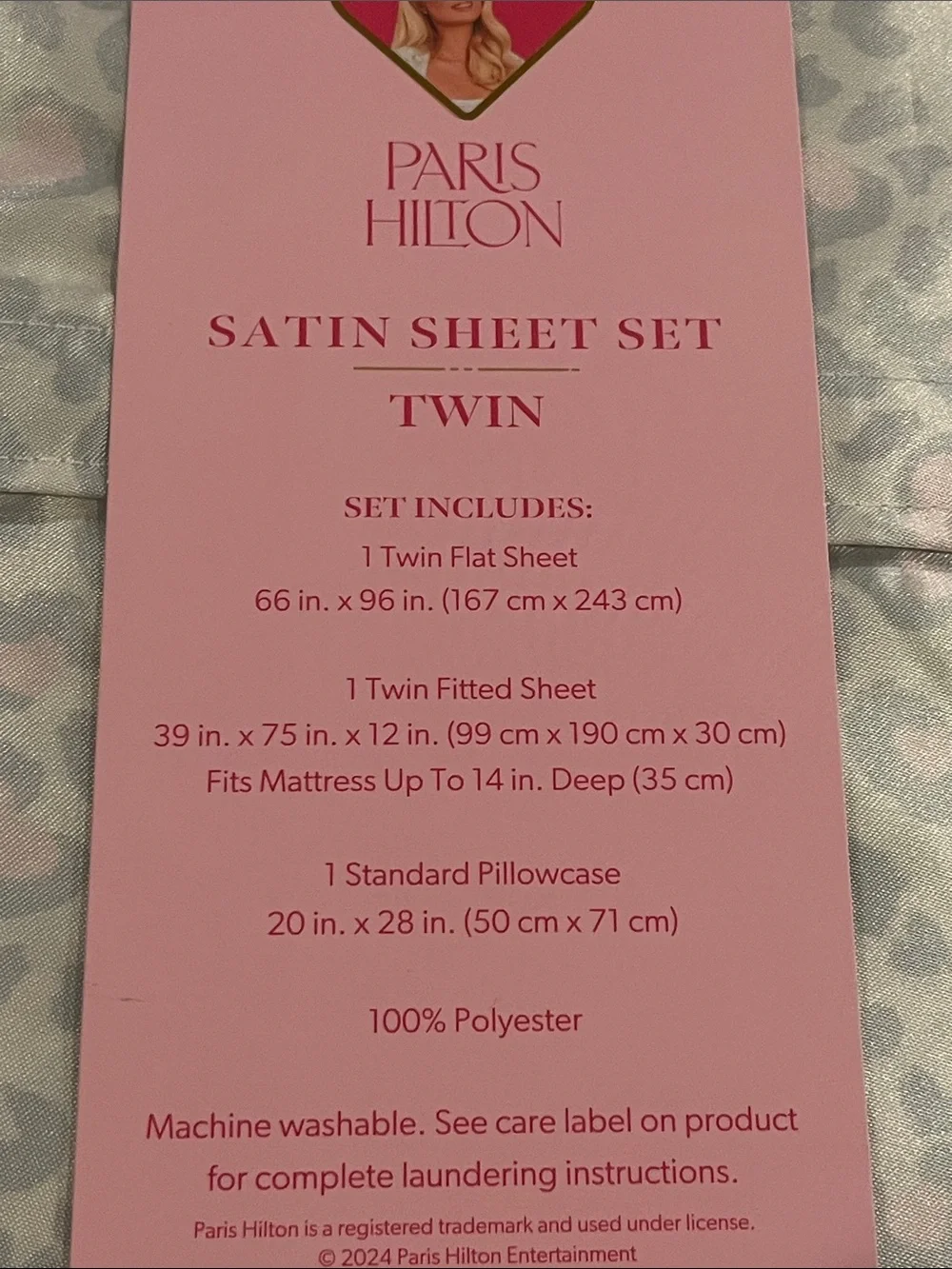 Paris Hilton Satin Sheet Set Twin new Flat, Fitted and 1 Pillowcase Leopard
